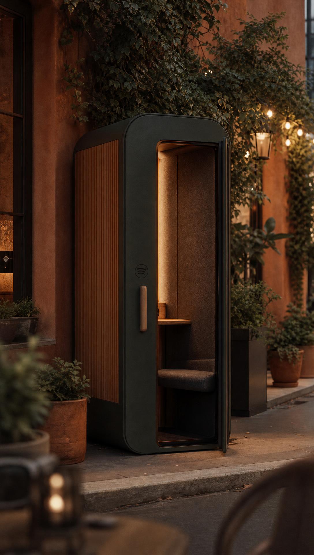 The listening booth with its door open beside a café doorway, showing the warm cork-lined interior and bench