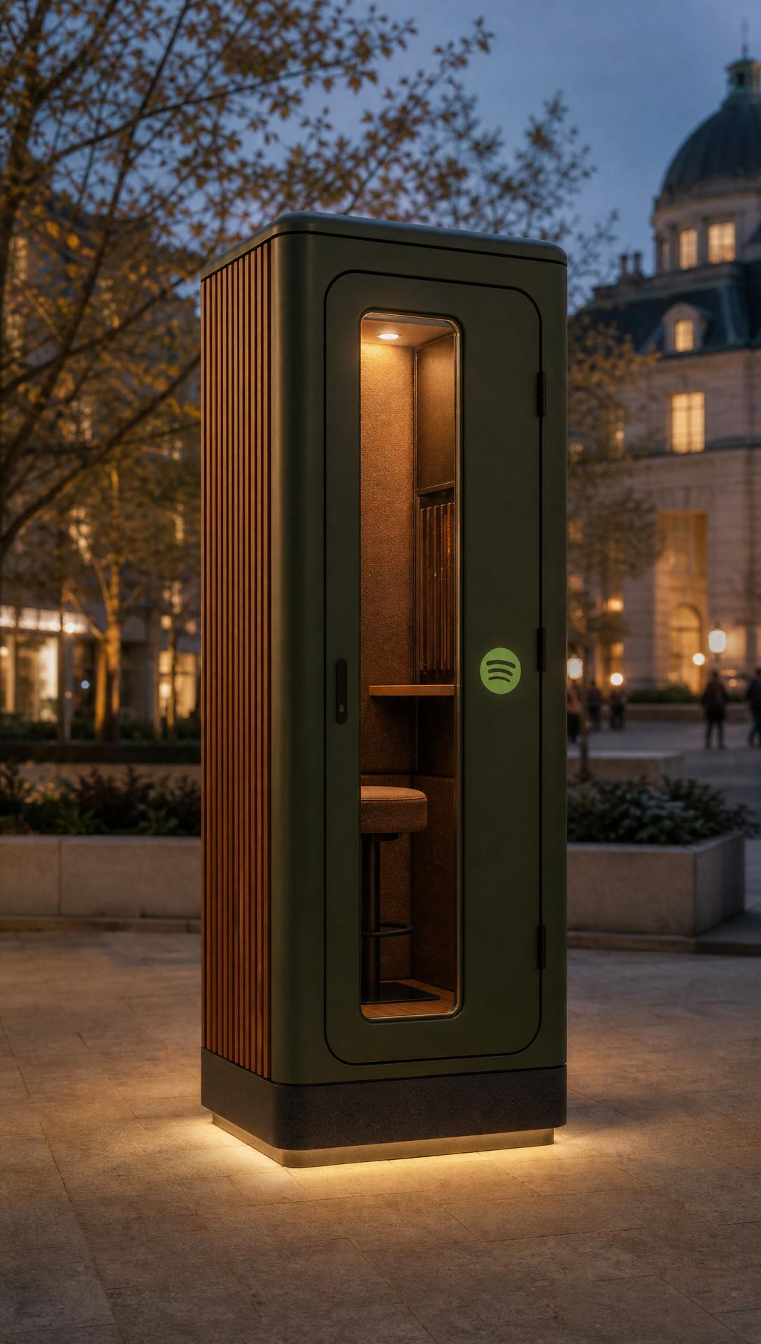 A compact vertical Spotify listening booth with timber slats and warm interior lighting standing in a city plaza at dusk